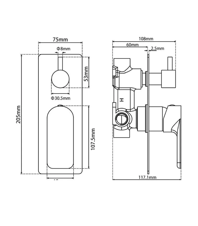 VOG Brass Wall Mixer with Diverter - Specification