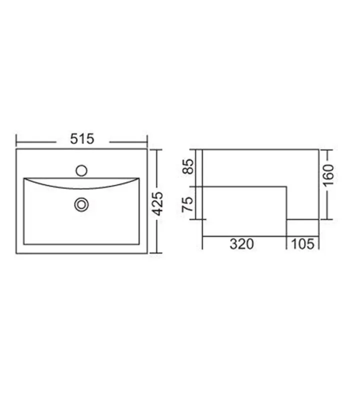 515 x 425 x 160mm Semi-Recessed Gloss White Ceramic Basin