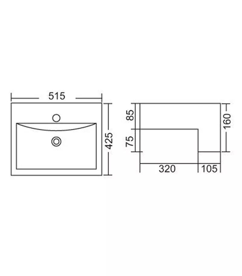 515 x 425 x 160mm Semi-Recessed Gloss White Ceramic Basin