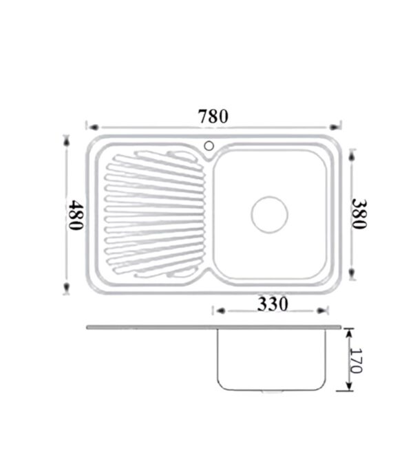 Cora 780X480X170mm Single Bowl Sink with Drainerboard - RHB | Specification
