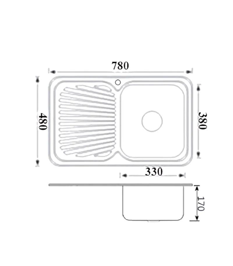 Cora 780X480X170mm Single Bowl Sink with Drainerboard - RHB | Specification