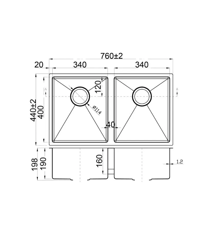 Eden 760x440x198mm Stainless Steel Double Bowl Sink - Specification