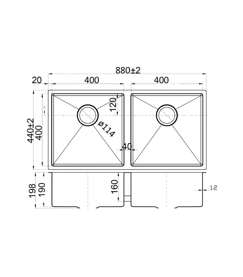 Eden 880x440x198mm Stainless Steel Double Bowl Sink - Specification