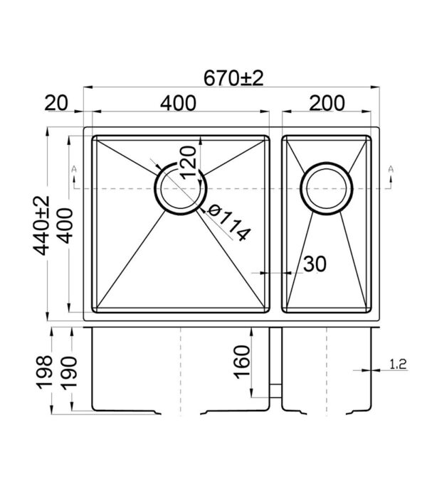 Eden 670x440x198mm Stainless Steel 1&1/2 Bowl Sink - Specification