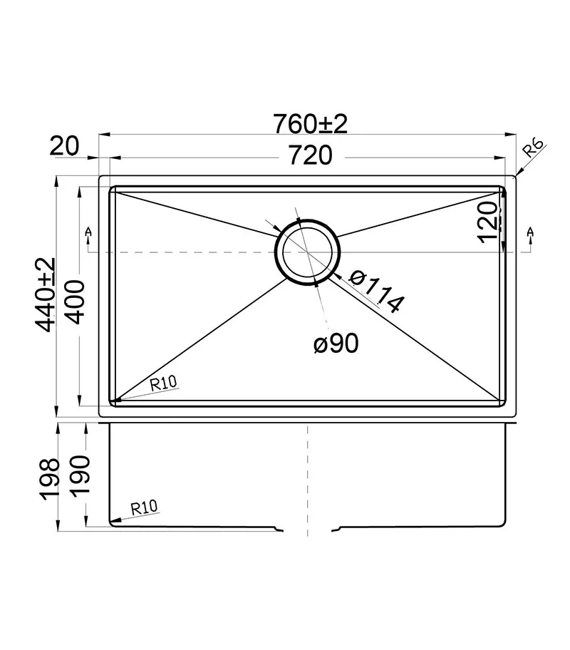 Eden 760x440x198mm Stainless Steel Single Bowl Sink - Specification