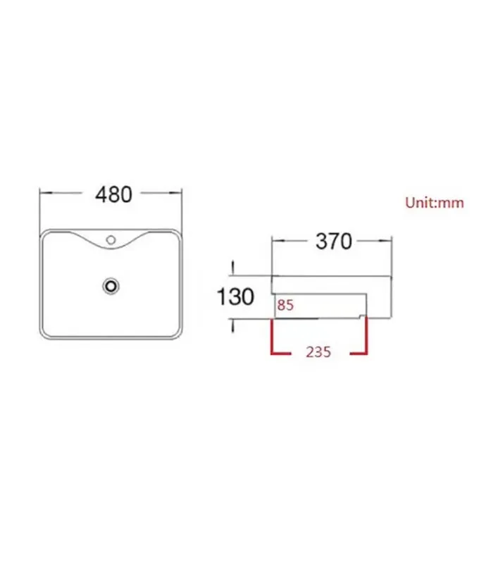 480 x 370 x 130mm Semi-Recessed Ceramic Basin - Gloss White Specification