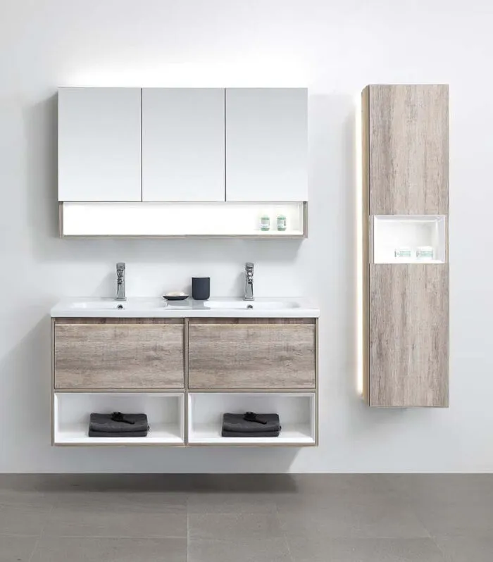 LED Light Oak Double Bowl Wall Hung Vanity Ceramic Or Stone Top 1500mm RC LD395 1500D