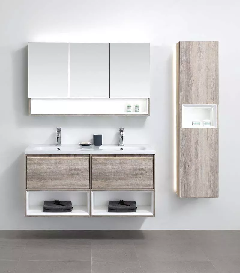 LED Light Oak Double Bowl Wall Hung Vanity Ceramic Or Stone Top 1500mm RC LD395 1500D