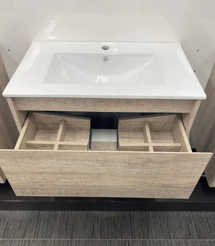 LED Light Oak Ceramic Top 600/750mm Wall Hung Vanity RC LD395 Drawer View