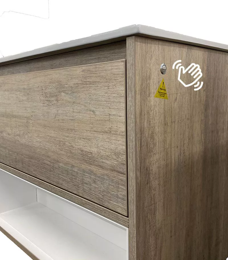 LED Light Oak Ceramic Top Wall Hung Vanity RC LD395 Sideview With Button