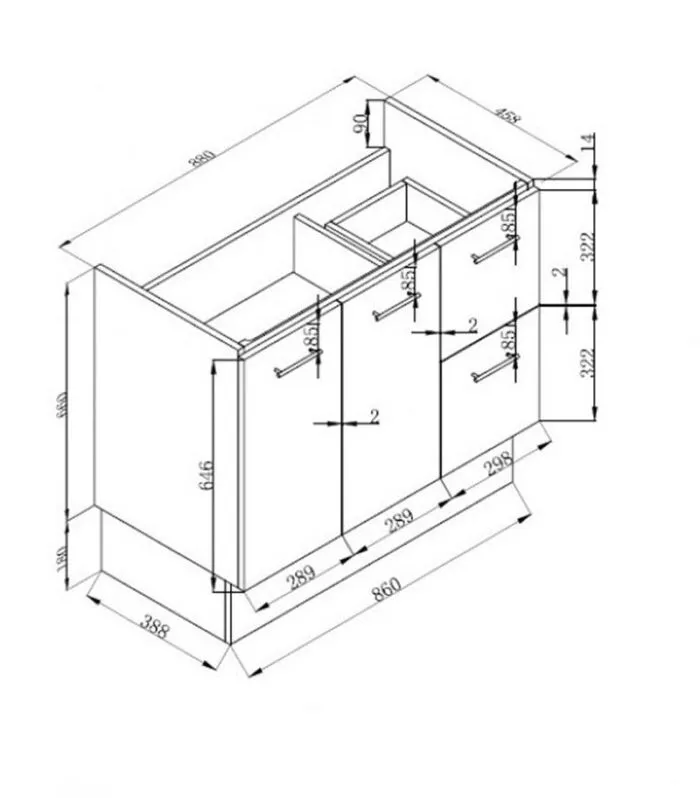 Technical Drawing For Reno 2 Ceramic Top 900mm MDF Freestanding Vanity