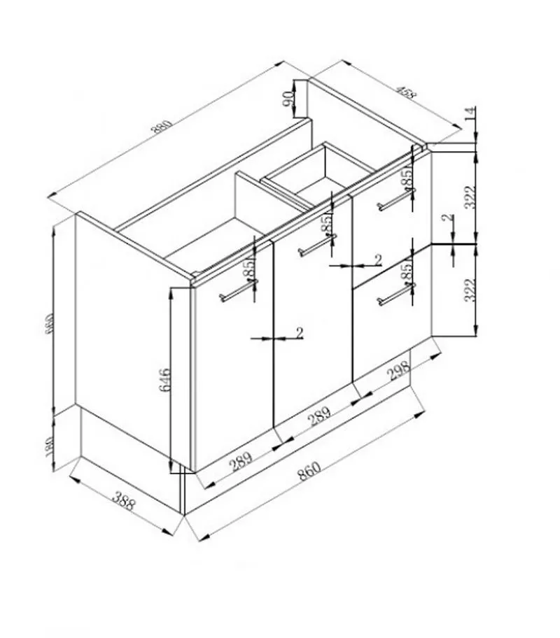Technical Drawing For Reno 2 Ceramic Top 900mm MDF Freestanding Vanity