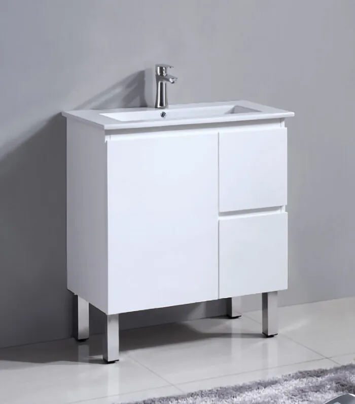 Reno 750mm Narrow Freestanding Vanity With Ceramic Top - Gloss White RH Drawers