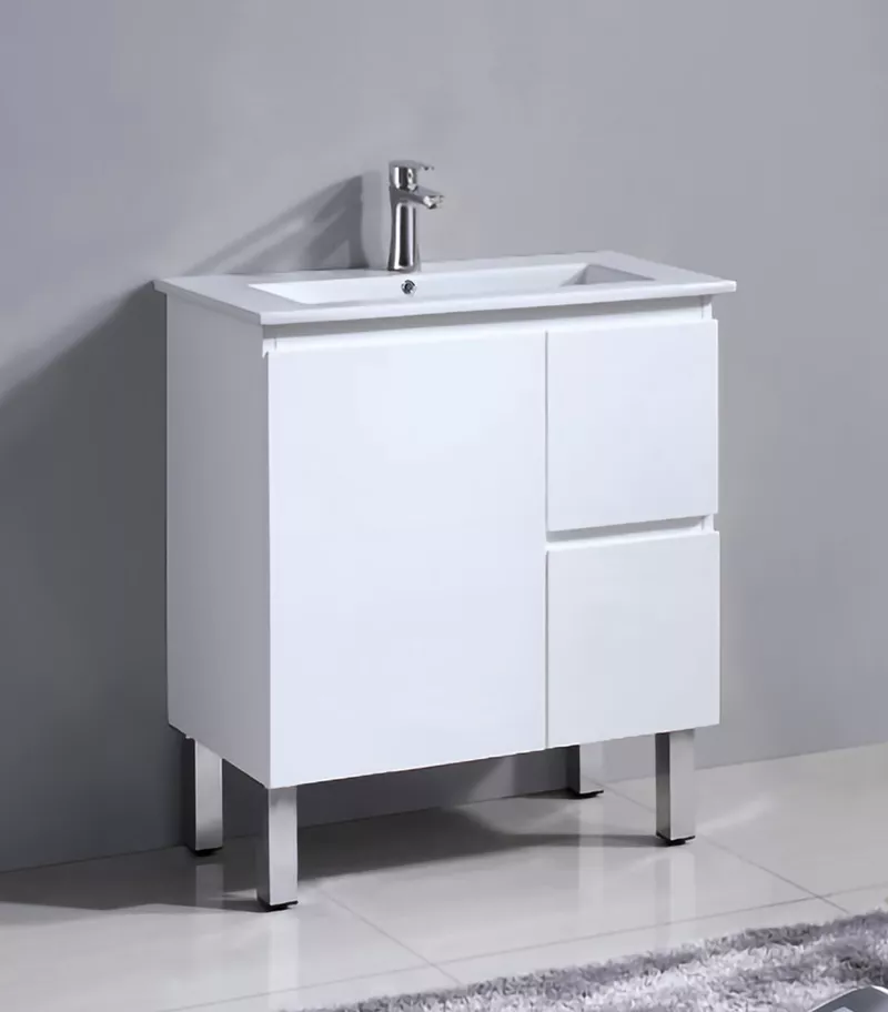 Reno 750mm Narrow Freestanding Vanity With Ceramic Top - Gloss White RH Drawers