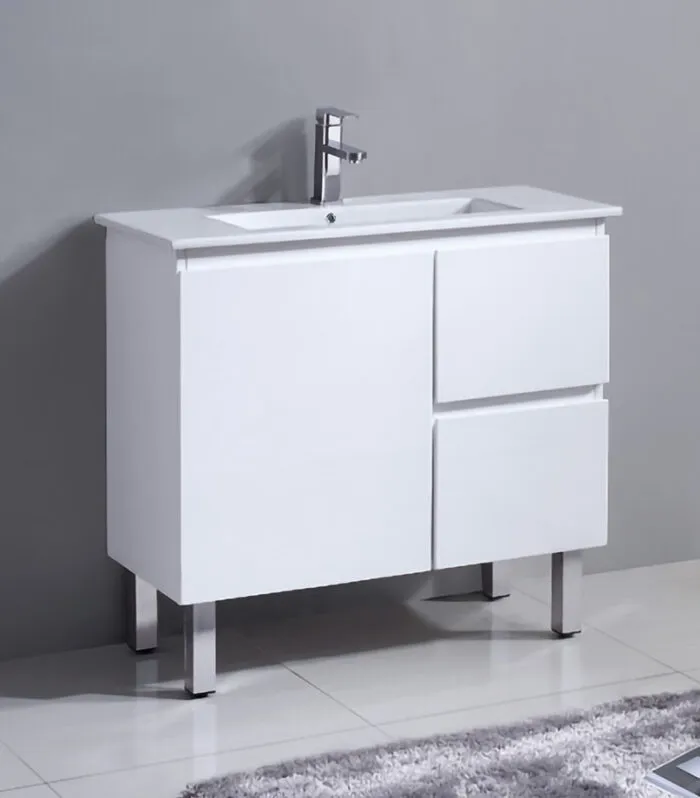Reno 900mm Narrow Freestanding Vanity With Ceramic Top - Gloss White