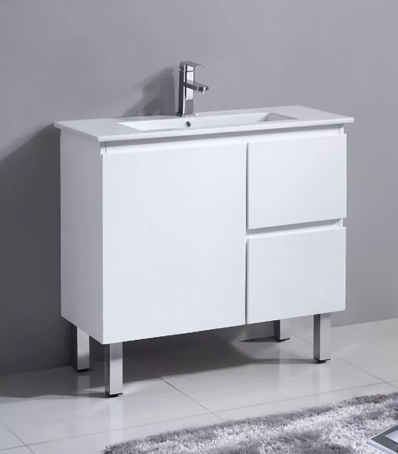 Reno 900mm Narrow Freestanding Vanity With Ceramic Top - Gloss White
