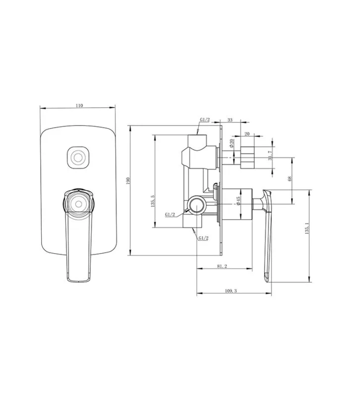 Esperia Brass Wall Mixer with Diverter - Specification