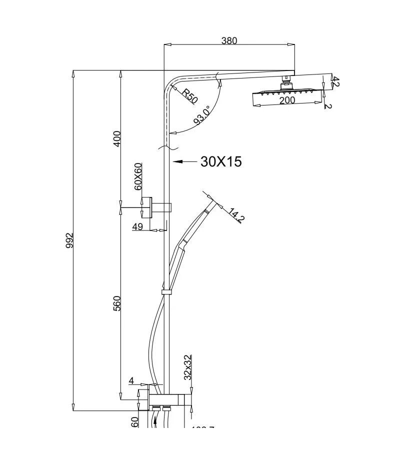 Specification For BK Square Twin Shower On Rail (Bottom Inlet)