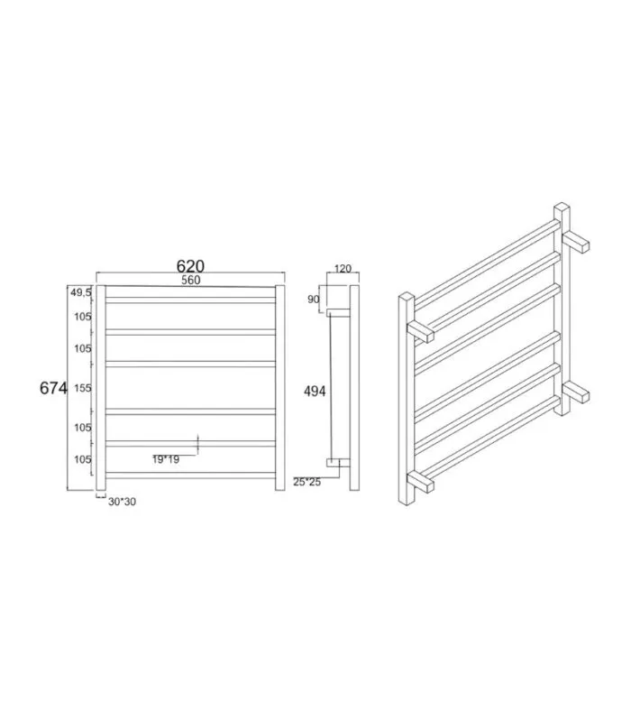 Aqua Square Heated Towel Rack 6 Bars Specification