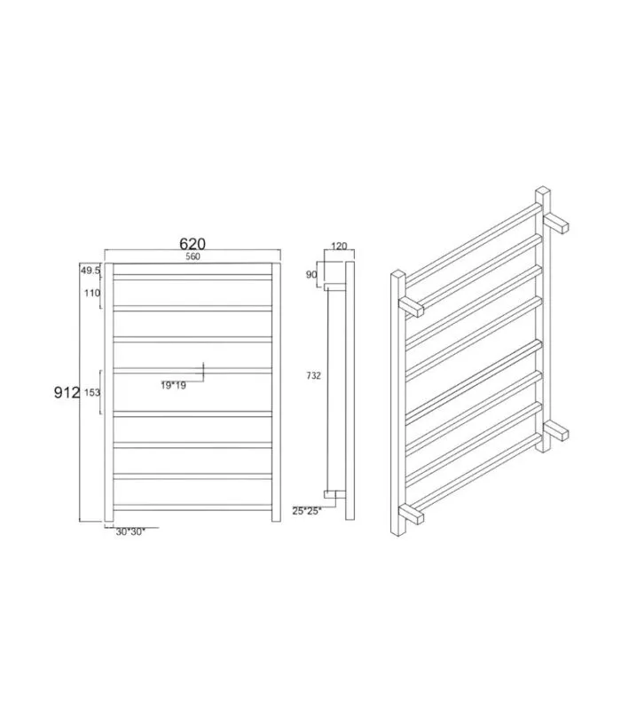 Aqua Square Heated Towel Rack 8 Bars Specification