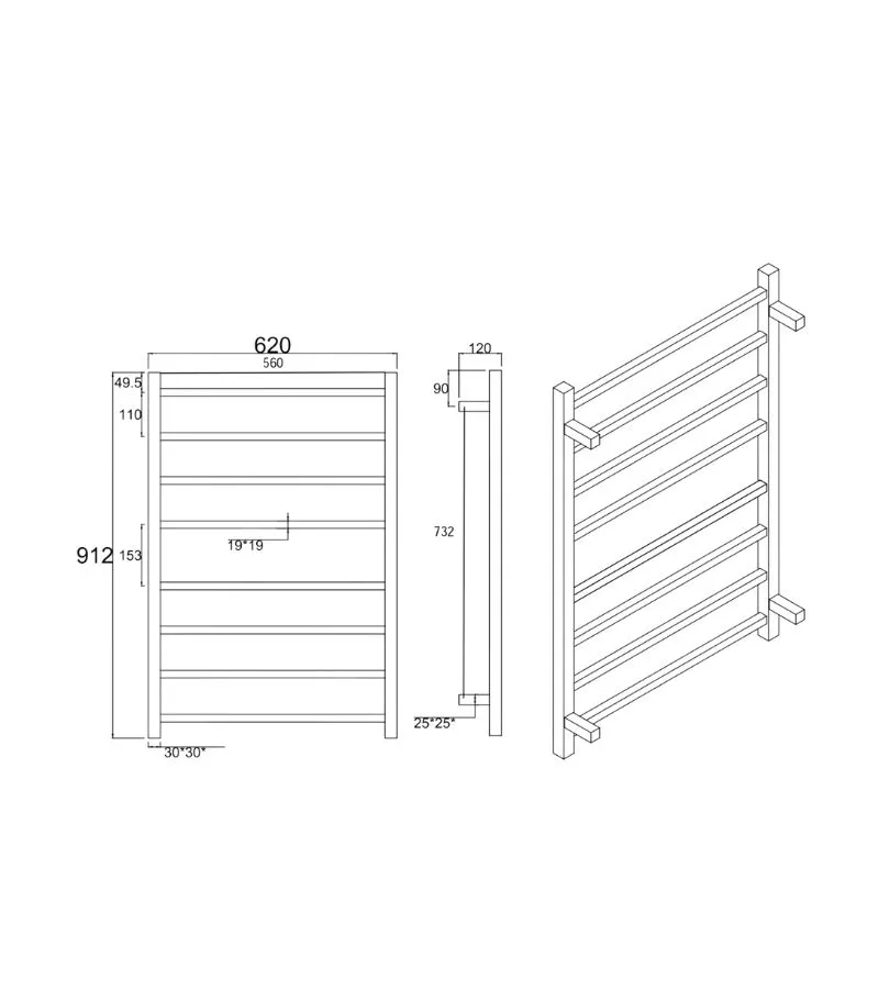 Aqua Square Heated Towel Rack 8 Bars Specification