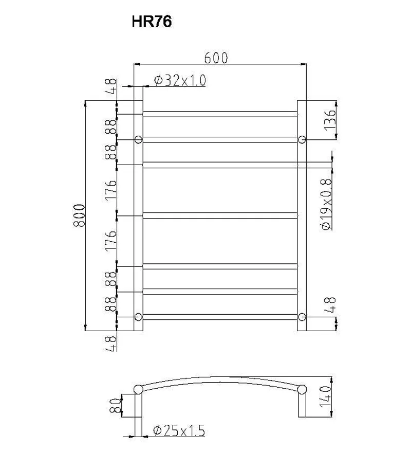 Round And Curved Chrome Heated Towel Rack 7 Bars (3+1+3)