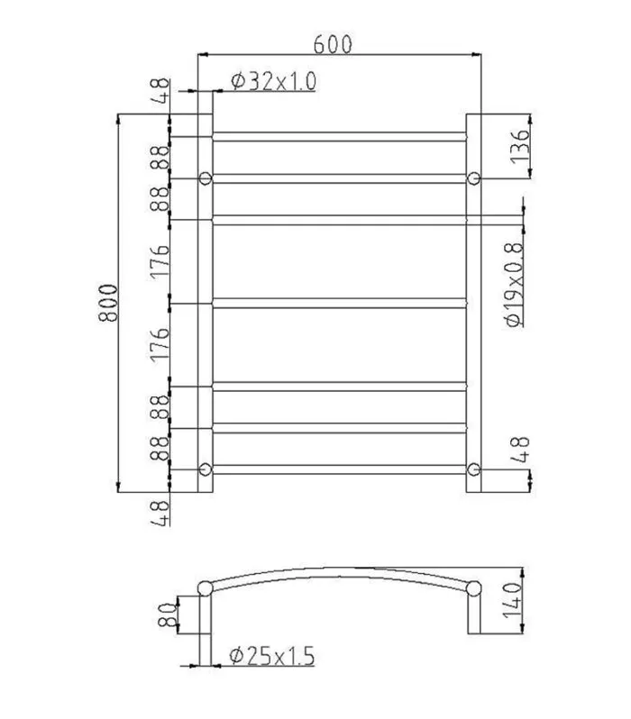 Non Heated Towel Rails 7 Round Bars  (3+1+3)