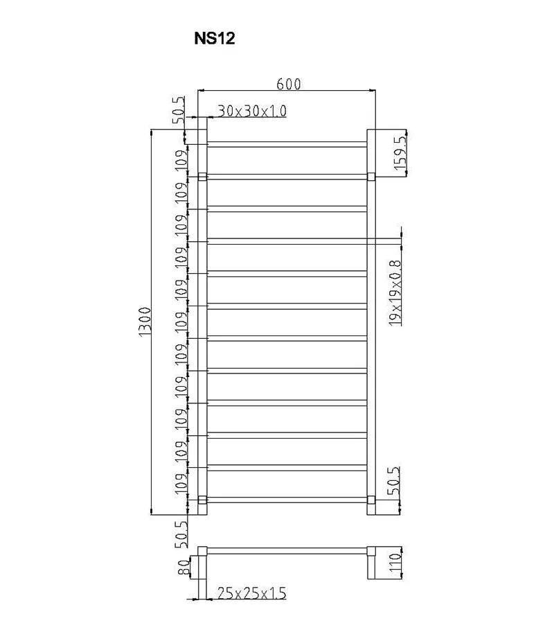 Non Heated Towel Rails 12 Square Bars