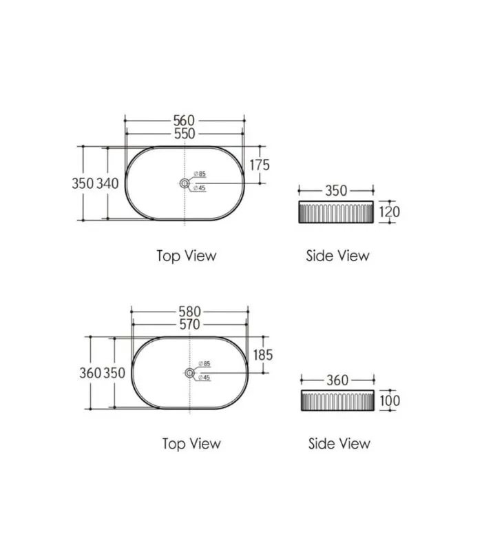 Kensington Fluted Oval Above Counter Ceramic Basin Specification