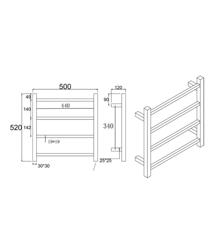 Aqua Square Heated Towel Rack 4 Bars Specification