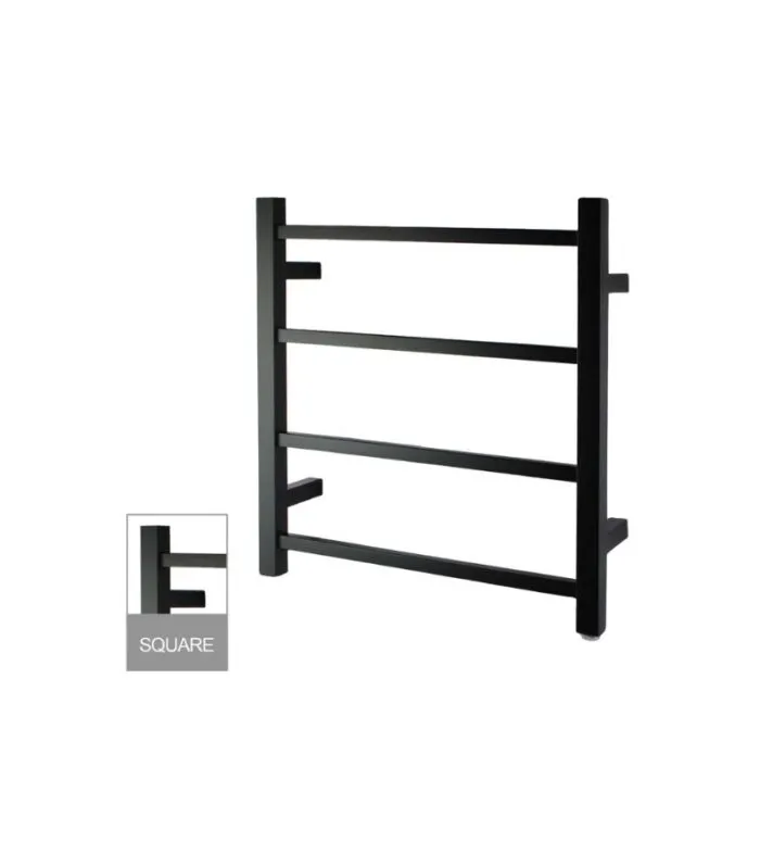 Aqua Square Matt Black Heated Towel Rack 4 Bars Sideview