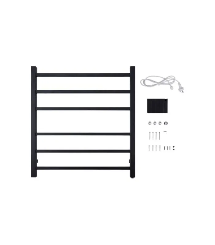 Aqua Square Matt Black Heated Towel Rack 6 Bars