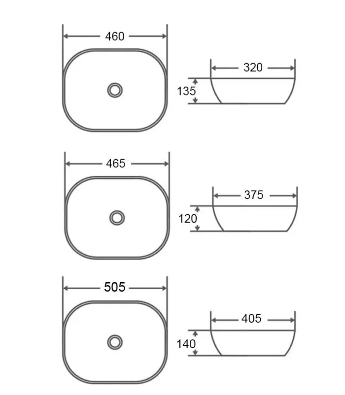 Nova Rectangle Above Counter Ceramic Basin Specification