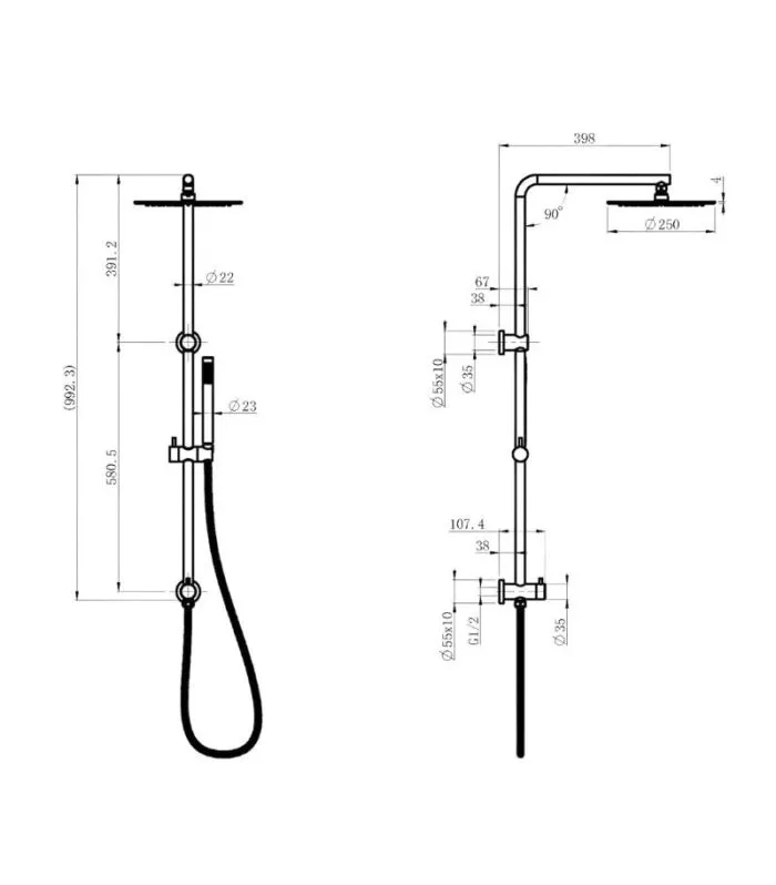 Cora Twin Shower On Rail 250mm Overhead Specification