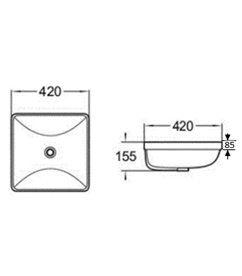 420 x 420 x 155mm Gloss White Square Insert-In Ceramic Basin