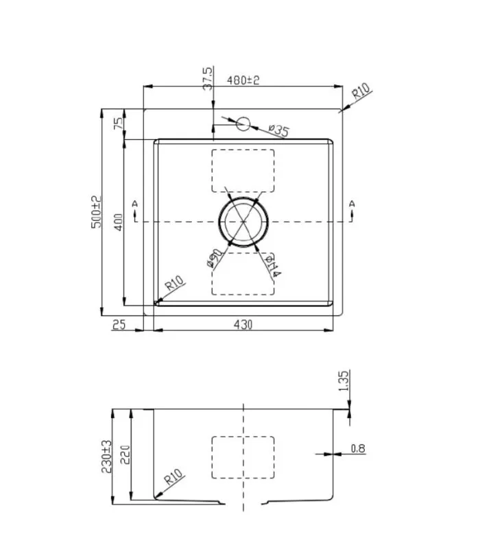 Cora 480x500x230mm Stainless Steel Single Bowl Laundry Sink - Specification
