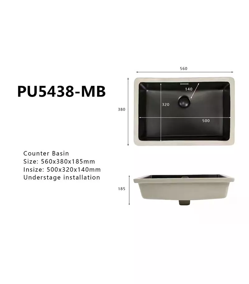 560 x 380x 185mm Rectangle Undermount Ceramic Basin - Matte Black Specification