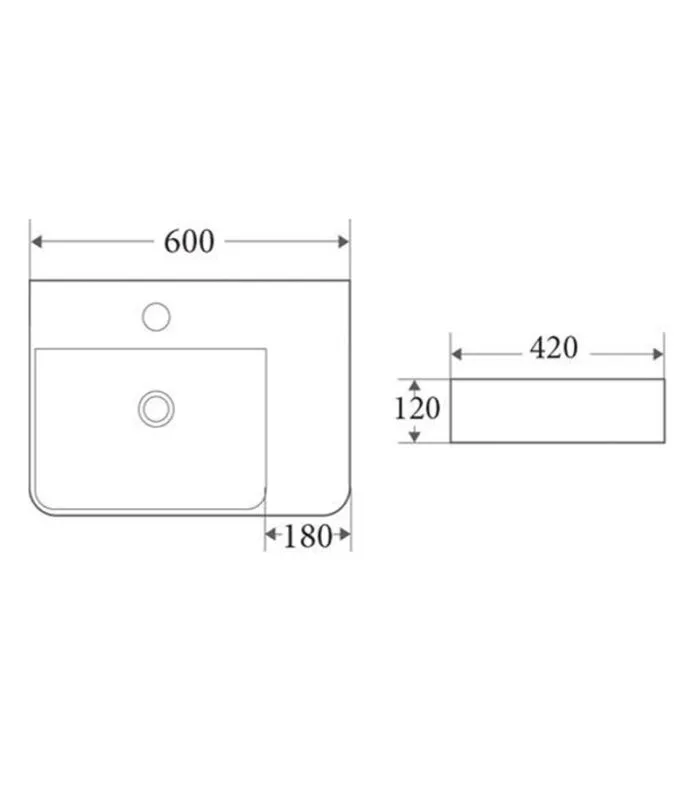 600 x 420 x 120mm Gloss White Ceramic Rectangle Wall Hung Basin Left Hand Bowl