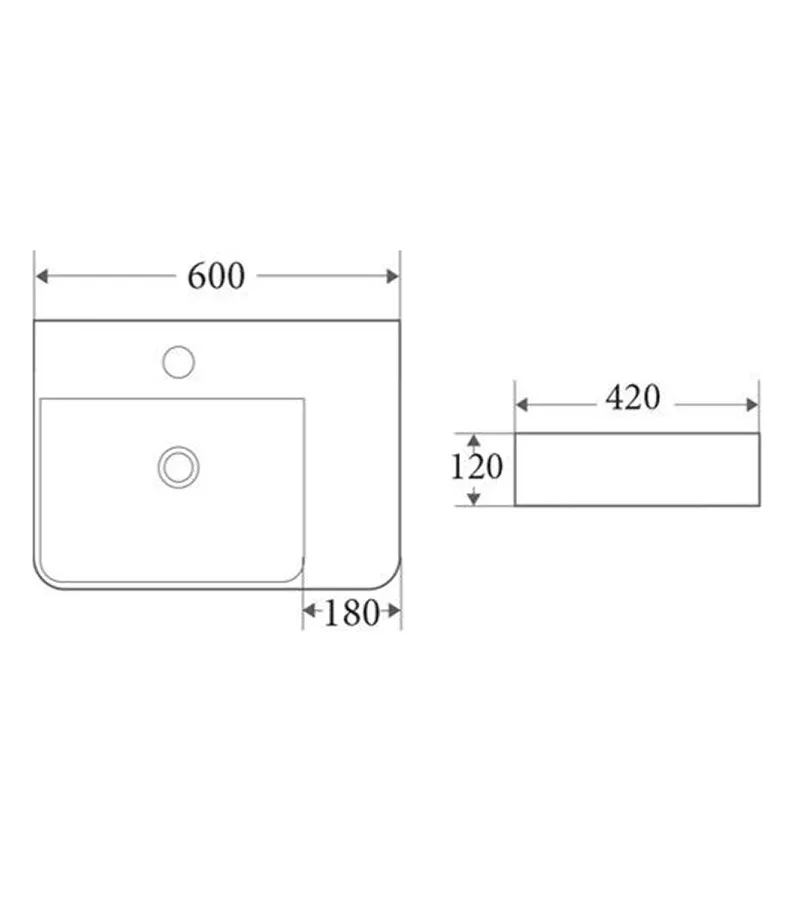 600 x 420 x 120mm Gloss White Ceramic Rectangle Wall Hung Basin Left Hand Bowl