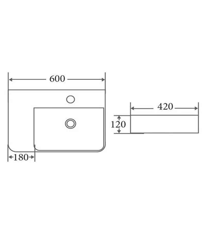 600 x 420 x 120mm Gloss White Ceramic Rectangle Wall Hung Basin Right Hand Bowl