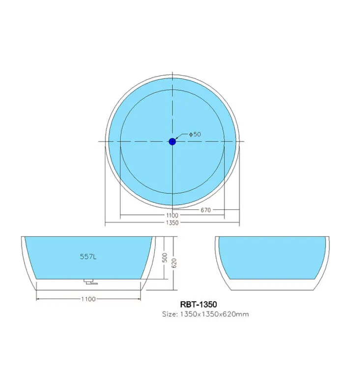 1350X1350X620mm Sphere Gloss White Freestanding Bathtub Specification