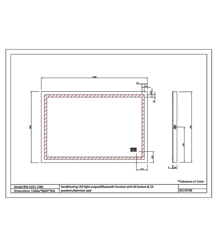 Reno 1200mm x 800mm LED Mirror With 6 Buttons, Bluetooth & Speaker