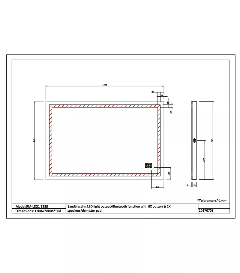 Reno 1200mm x 800mm LED Mirror With 6 Buttons, Bluetooth & Speaker