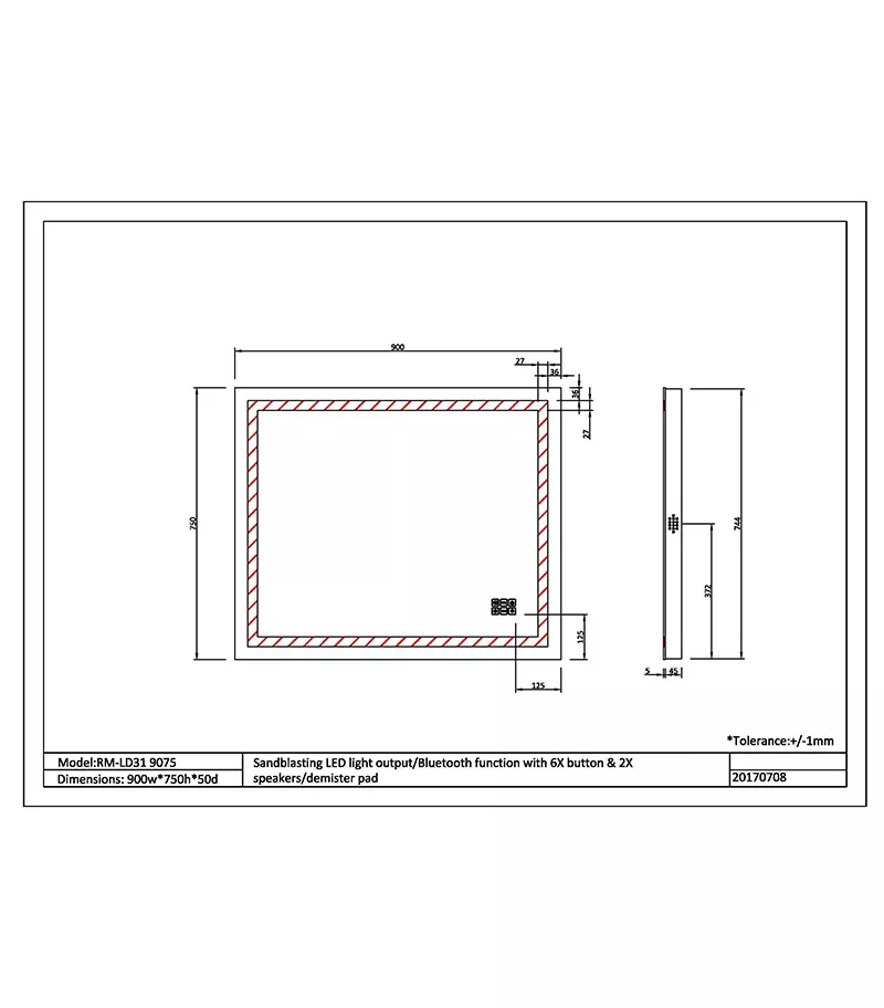 Reno 900mm x 750mm LED Mirror With 6 Buttons, Bluetooth & Speaker