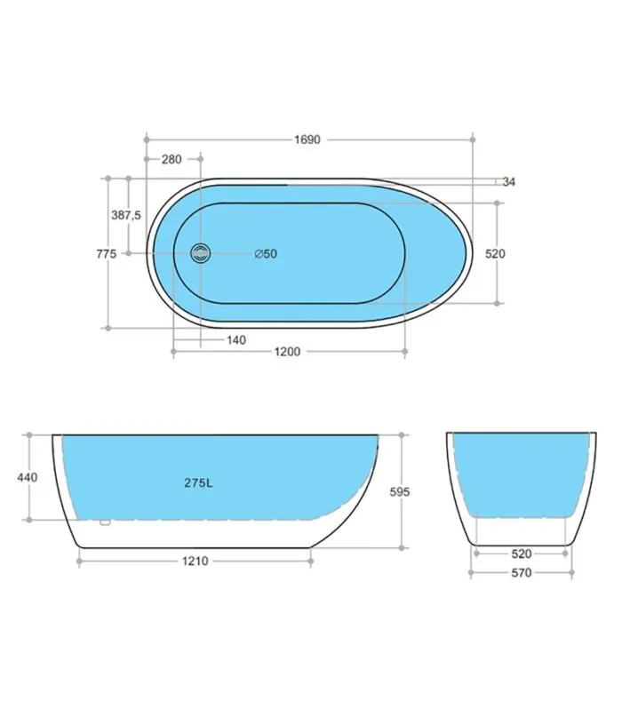 Vera Freestanding Bath 1690mm Specification