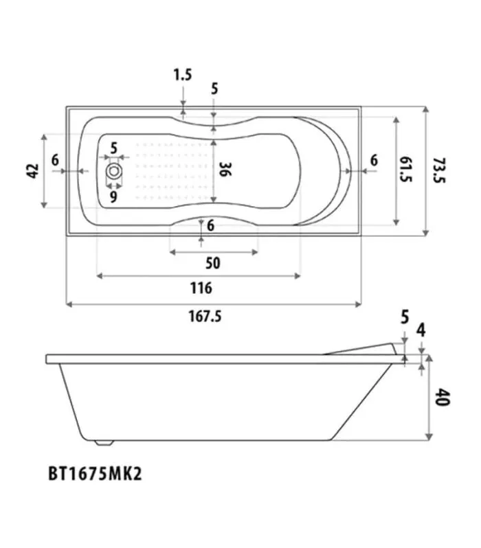 1675mm Renovator MK2 Drop In Bathtub Specification
