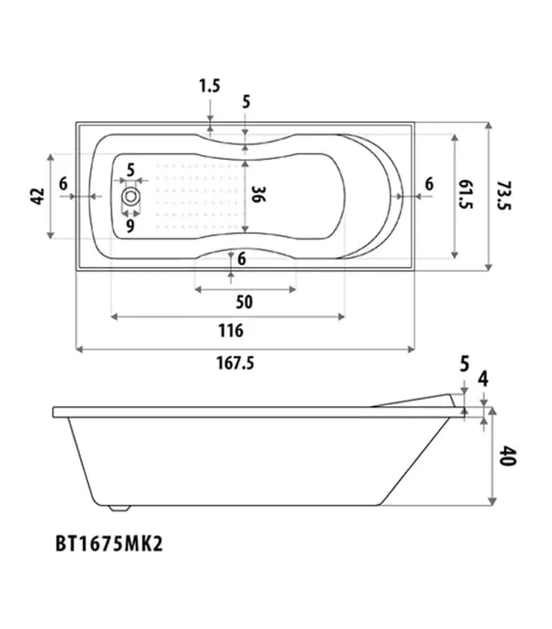 1675mm Renovator MK2 Drop In Bathtub Specification