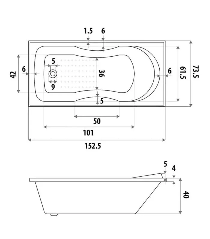 1525X735X400mm Renovator MK2 Drop In Bathtub Specification
