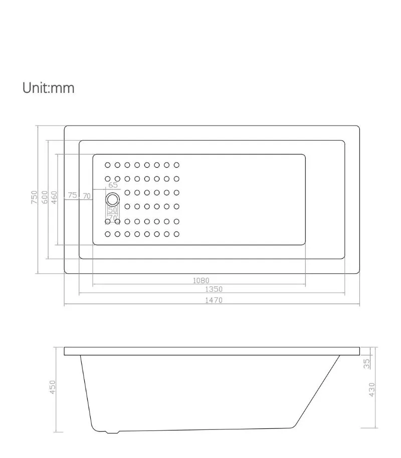 Viva 1470mm Drop-In Bathtub - Specification