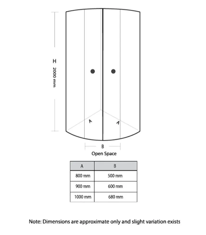 Curved Semi-Frameless Sliding Door Shower Screen with Centre Opening – Chrome Fittings Specification